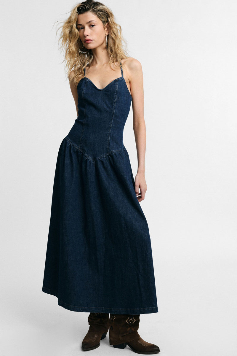 Vestito lungo con spalline e scollo a cuore - Blu Denim