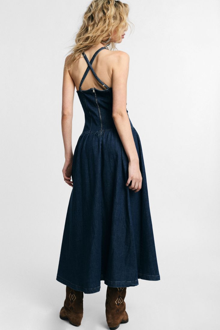 Vestito lungo con spalline e scollo a cuore - Blu Denim