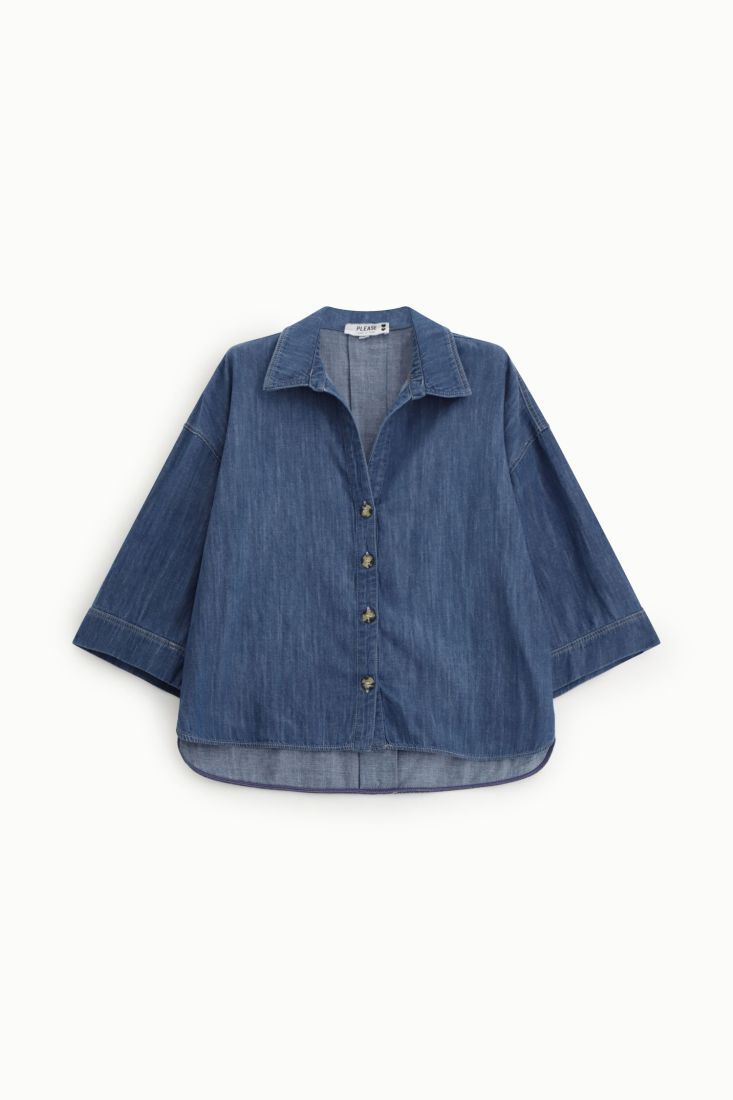Camicia denim vestibilità ampia maniche tre quarti