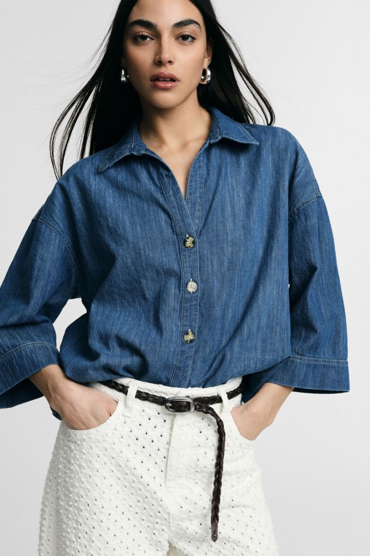 Camicia denim vestibilità ampia maniche tre quarti
