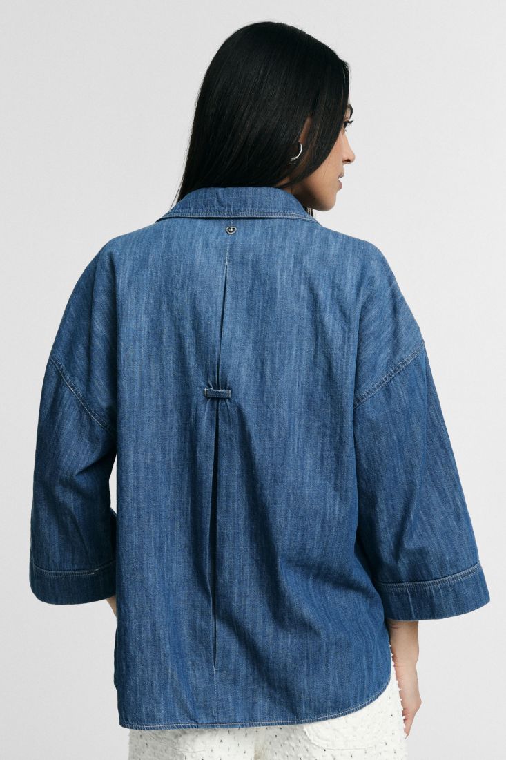 Camicia denim vestibilità ampia maniche tre quarti