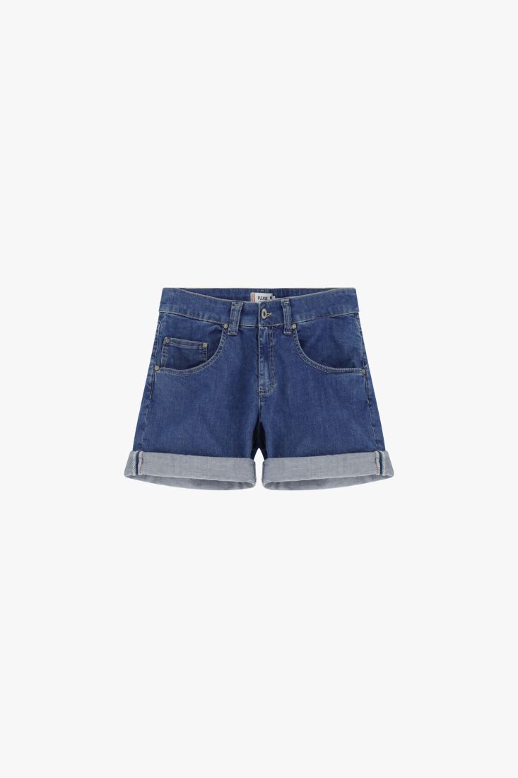 Shorts regulari con risvolto-Blu denim