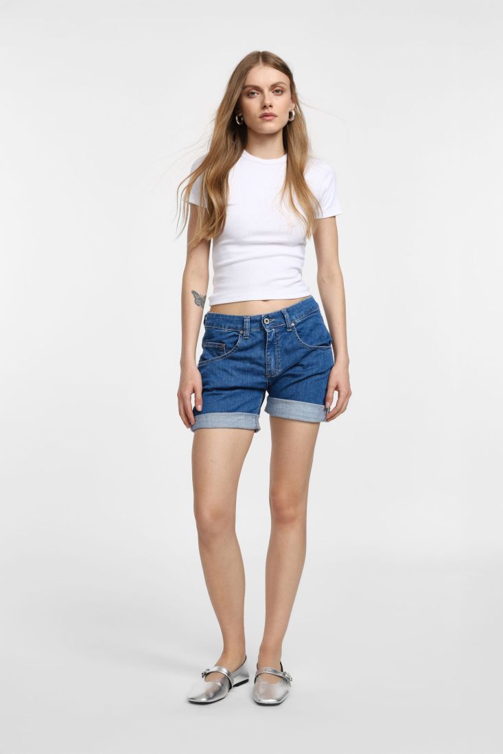 Shorts regulari con risvolto-Blu denim