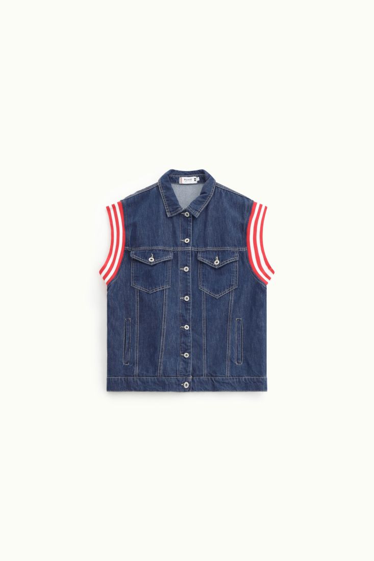 Gilet Please in denim con bottoni e maniche a righe-Blu Denim