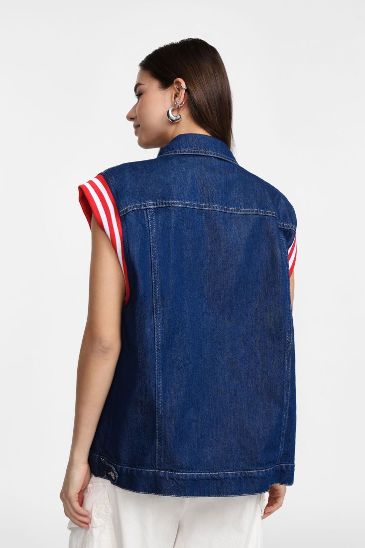 Gilet Please in denim con bottoni e maniche a righe-Blu Denim