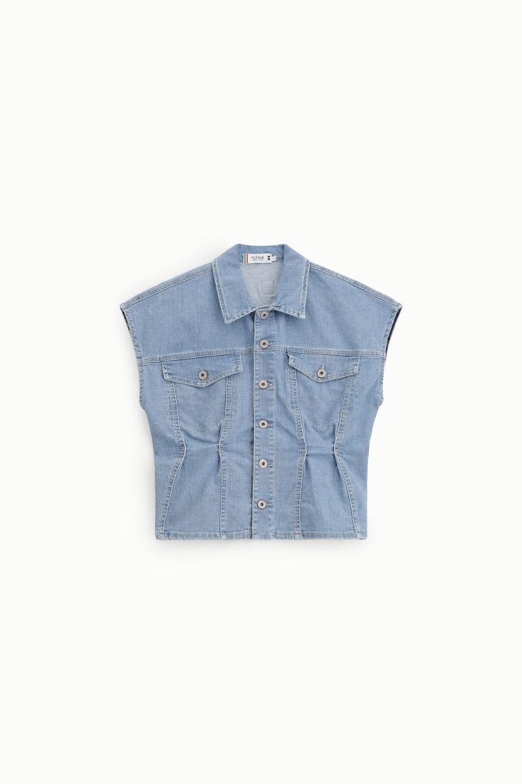 Gilet Please cropped con bottoni e tasche frontali - Blu Denim