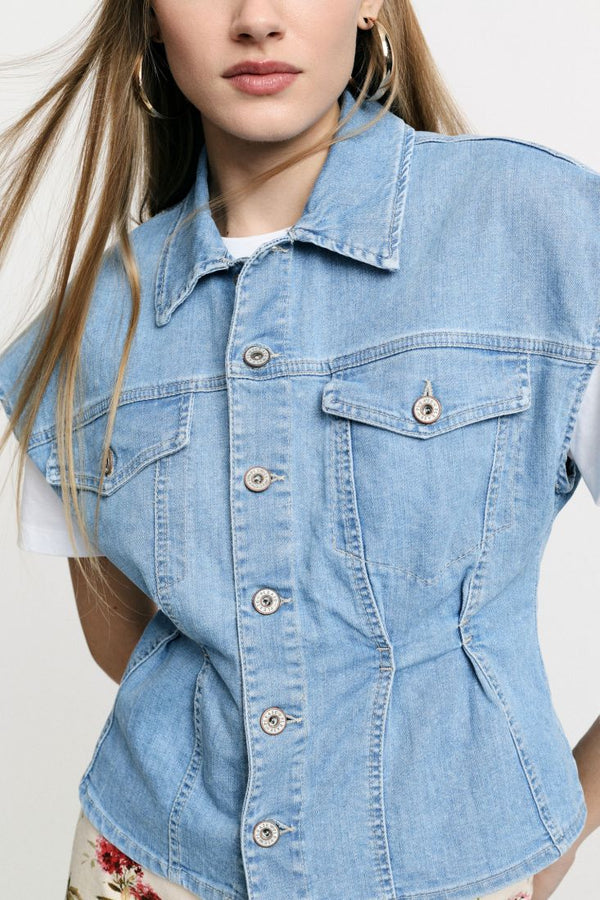 Gilet Please cropped con bottoni e tasche frontali - Blu Denim