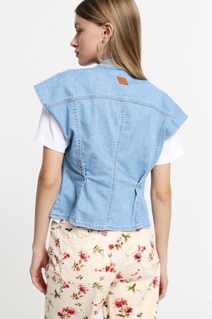 Gilet Please cropped con bottoni e tasche frontali - Blu Denim