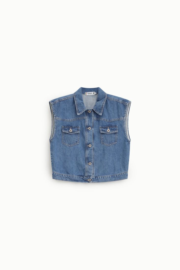 Gilet Please senza maniche in denim con tasche frontali