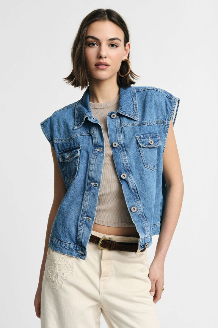Gilet Please senza maniche in denim con tasche frontali