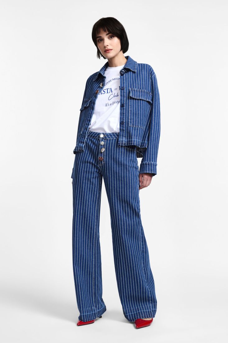 Jeans a righe a gamba larga con bottoni dettaglio