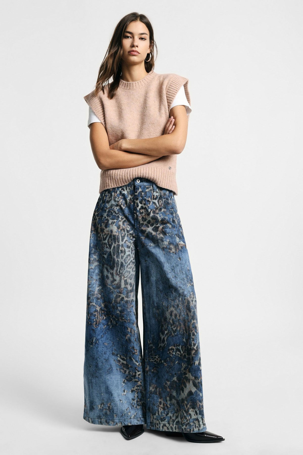 Jeans animalier a gamba molto ampia vita media Please - Blu Denim