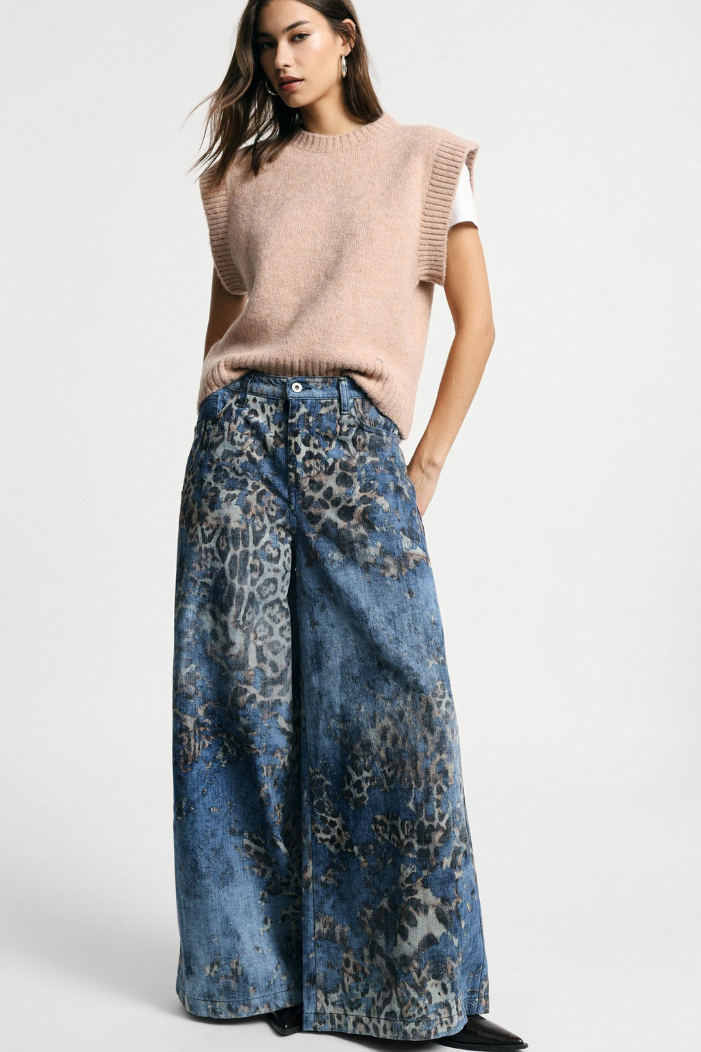 Jeans animalier a gamba molto ampia vita media Please - Blu Denim