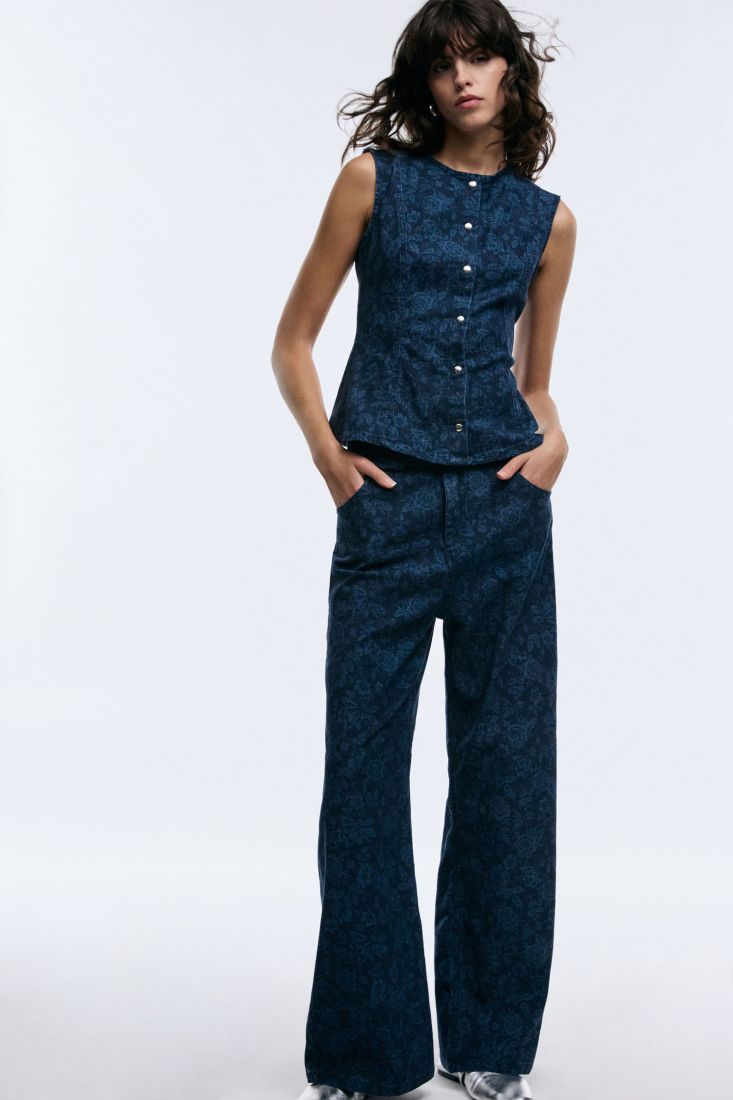 Jeans Please a gamba ampia stampa floreale vita alta - Blu Denim