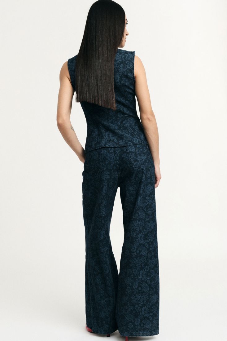Jeans Please a gamba ampia stampa floreale vita alta - Blu Denim