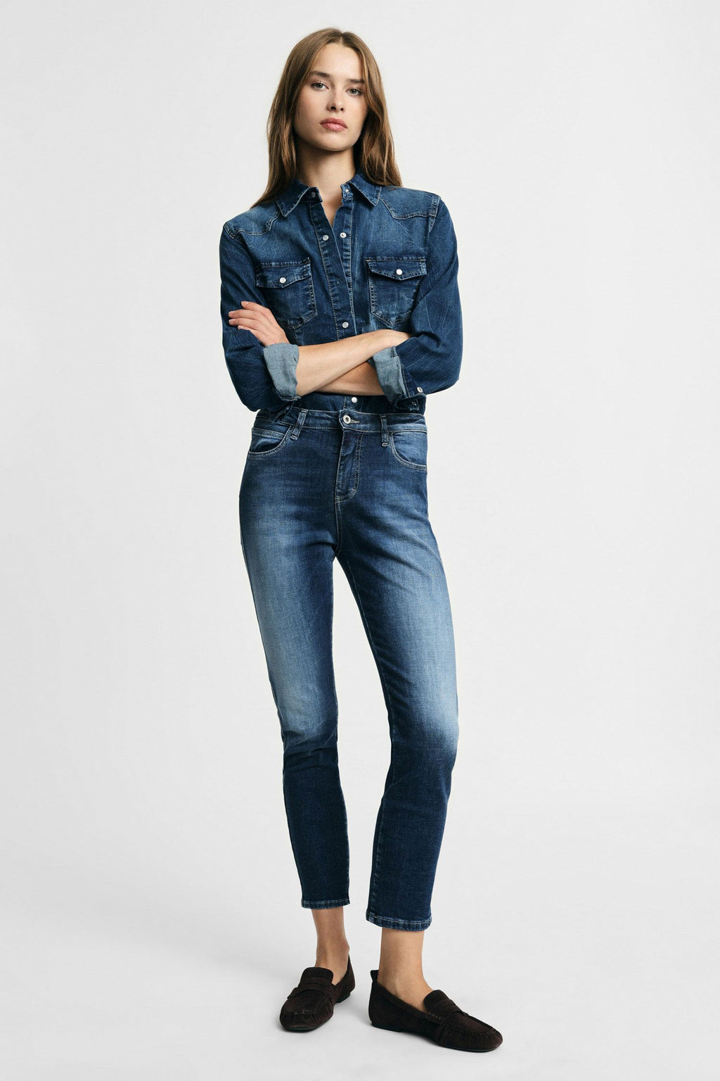 Jeans cropped vita alta con lavaggio sfumato Please - Blu Denim