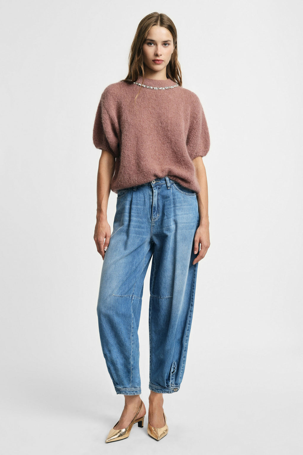 Jeans baloon vita alta con cuciture a contrasto Please - Blu Denim