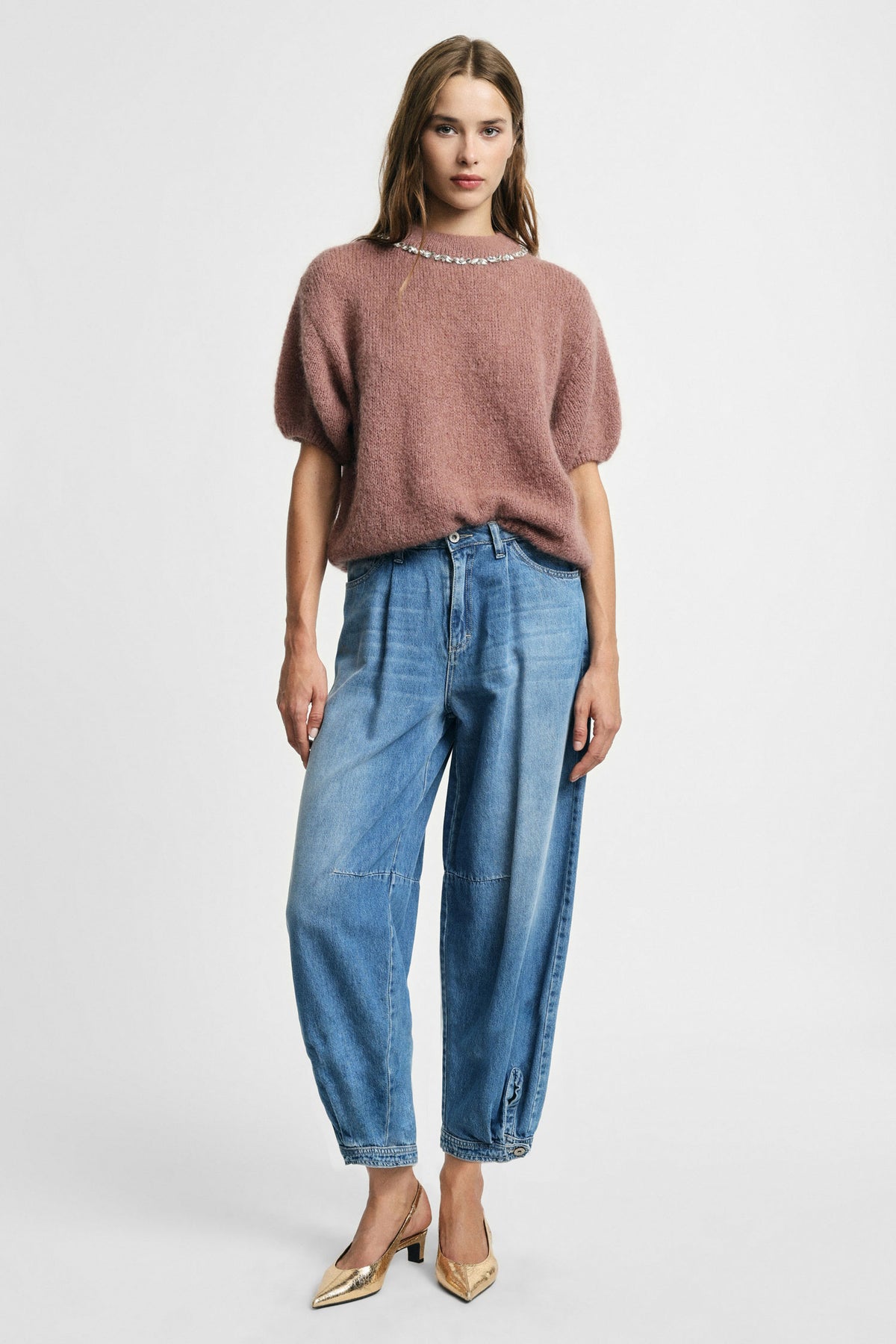 Jeans baloon vita alta con cuciture a contrasto Please - Blu Denim