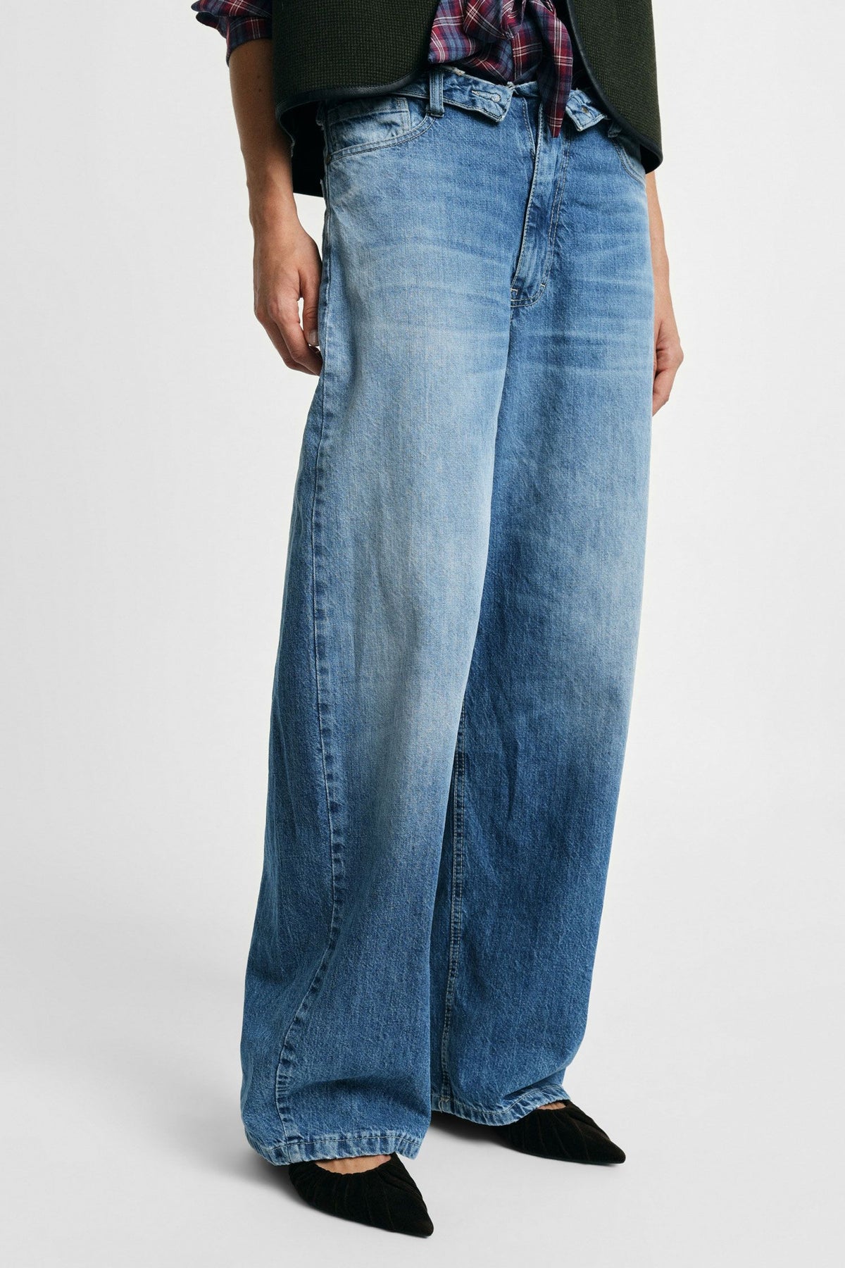Jeans a gamba ampia a vita alta lavaggio vissuto Please - Blu Denim