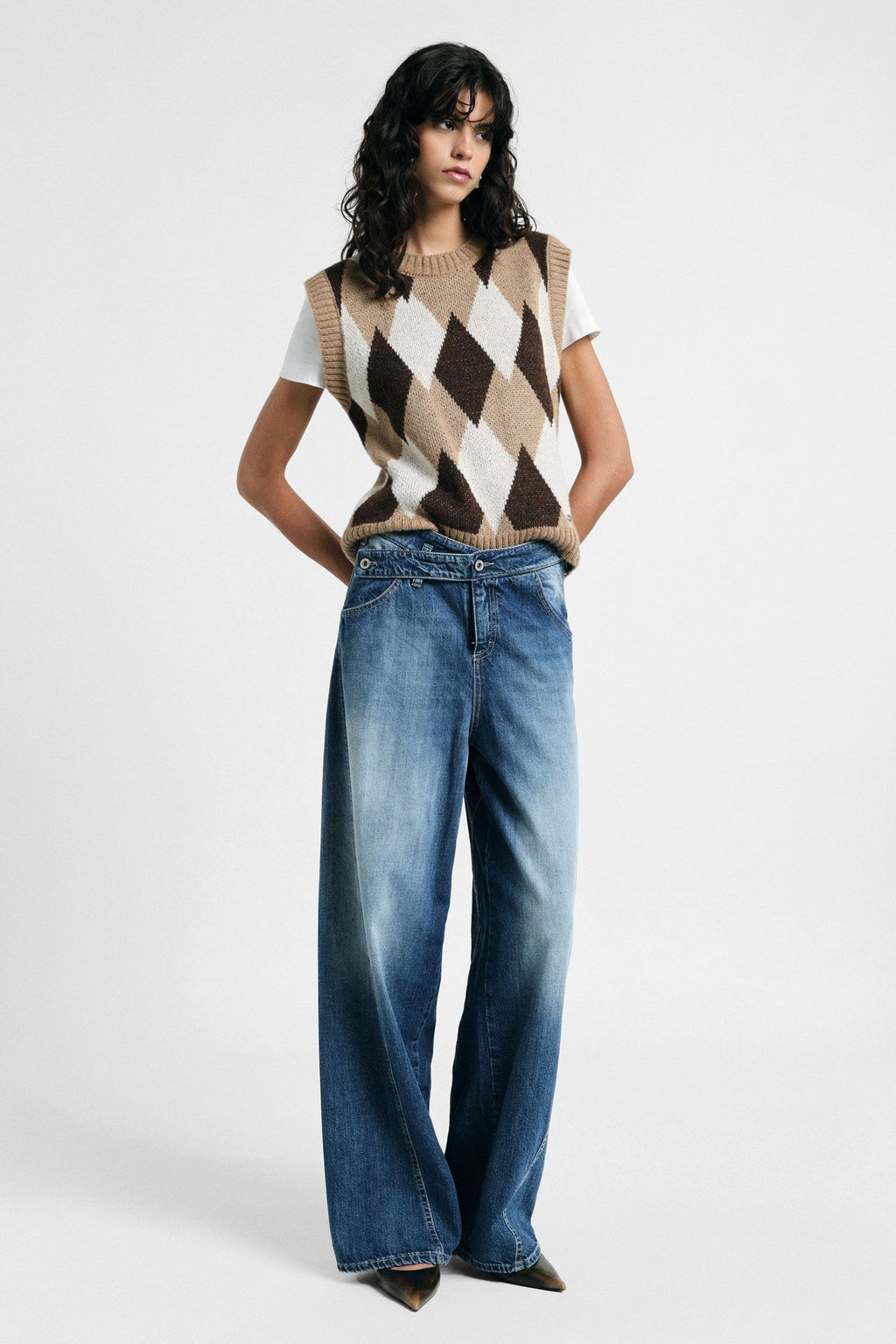 Jeans a gamba ampia con cintura diagonale Please - Blu Denim