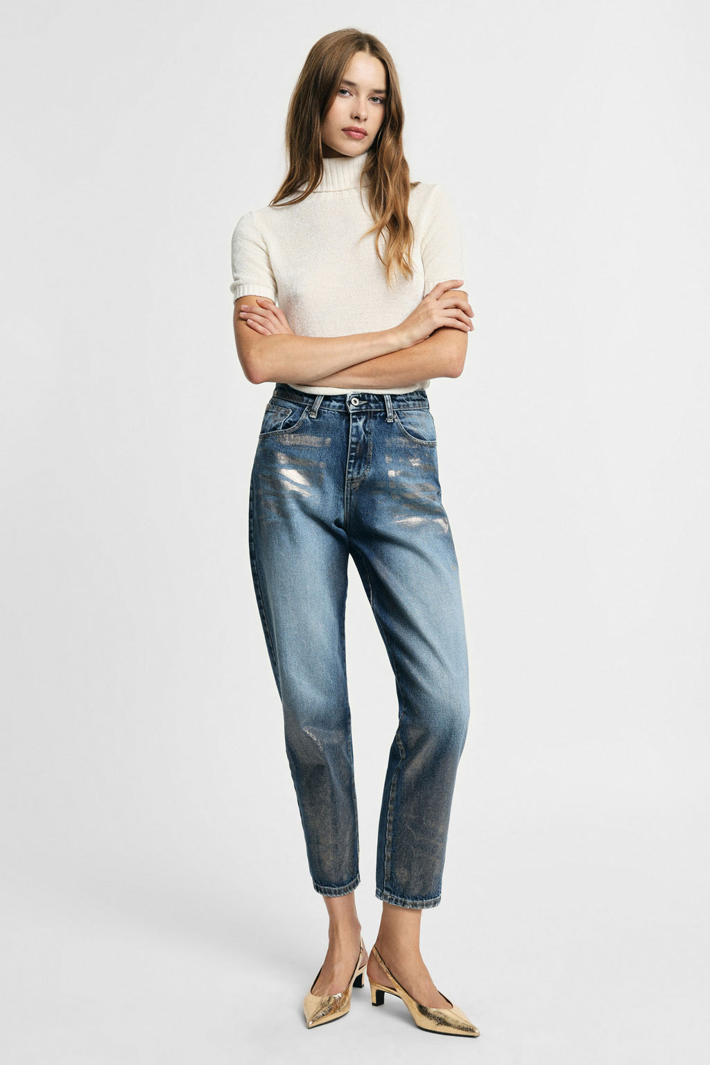 Jeans mom-fit vita alta effetto vissuto Please - Blu Denim