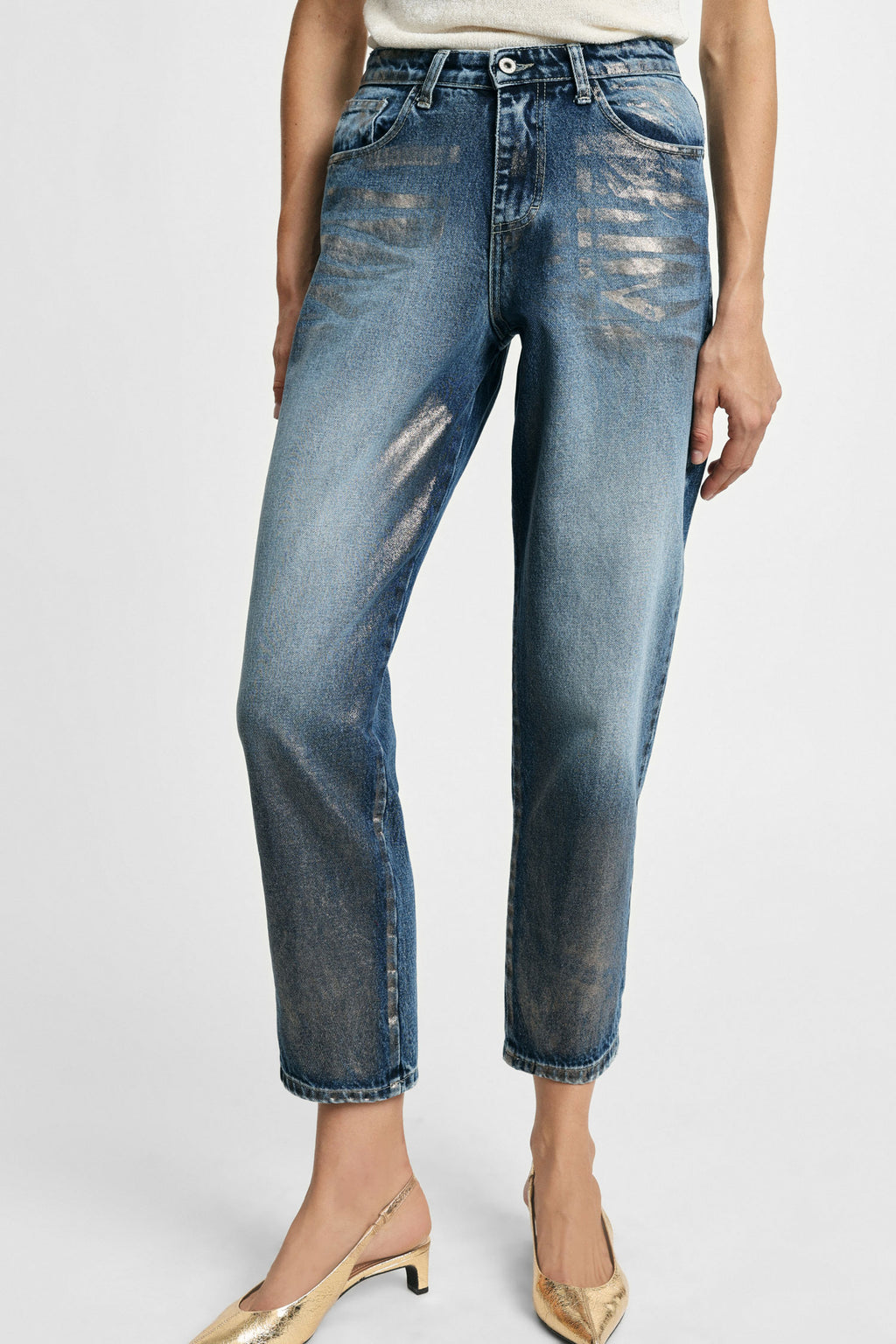 Jeans mom-fit vita alta effetto vissuto Please - Blu Denim