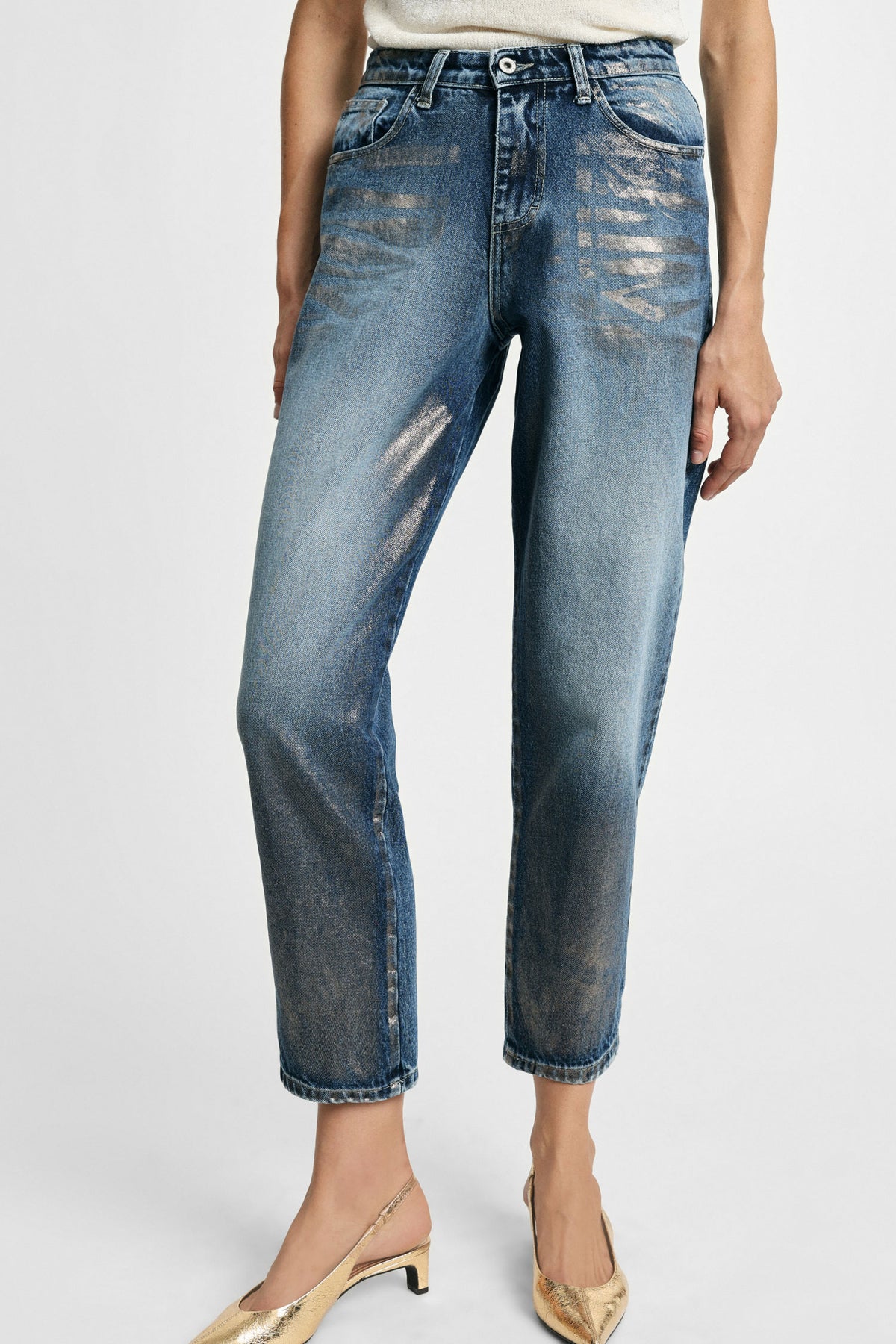 Jeans mom-fit vita alta effetto vissuto Please - Blu Denim