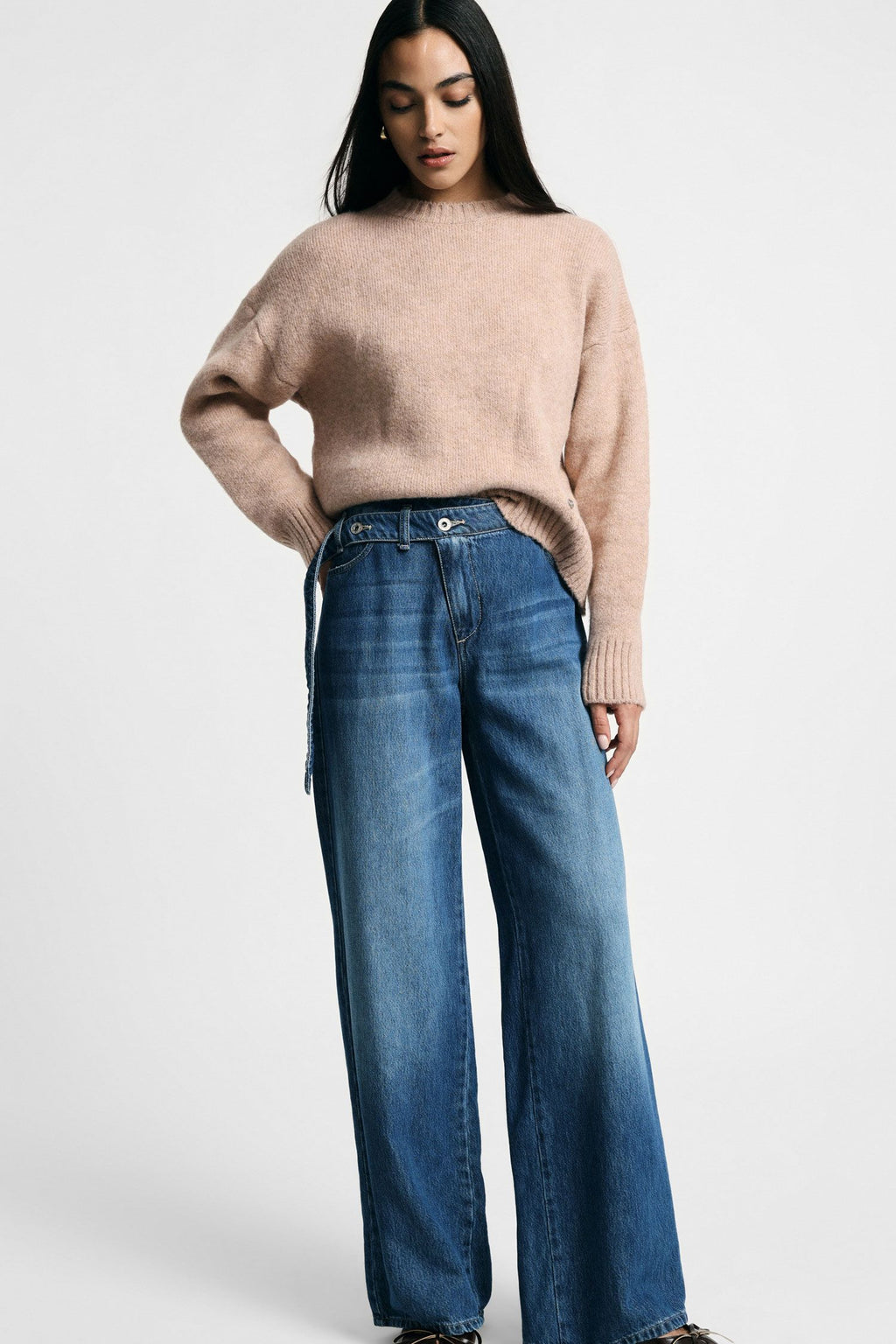Jeans ampi con vita alta e cintura asimmetrica Please - Blu Denim