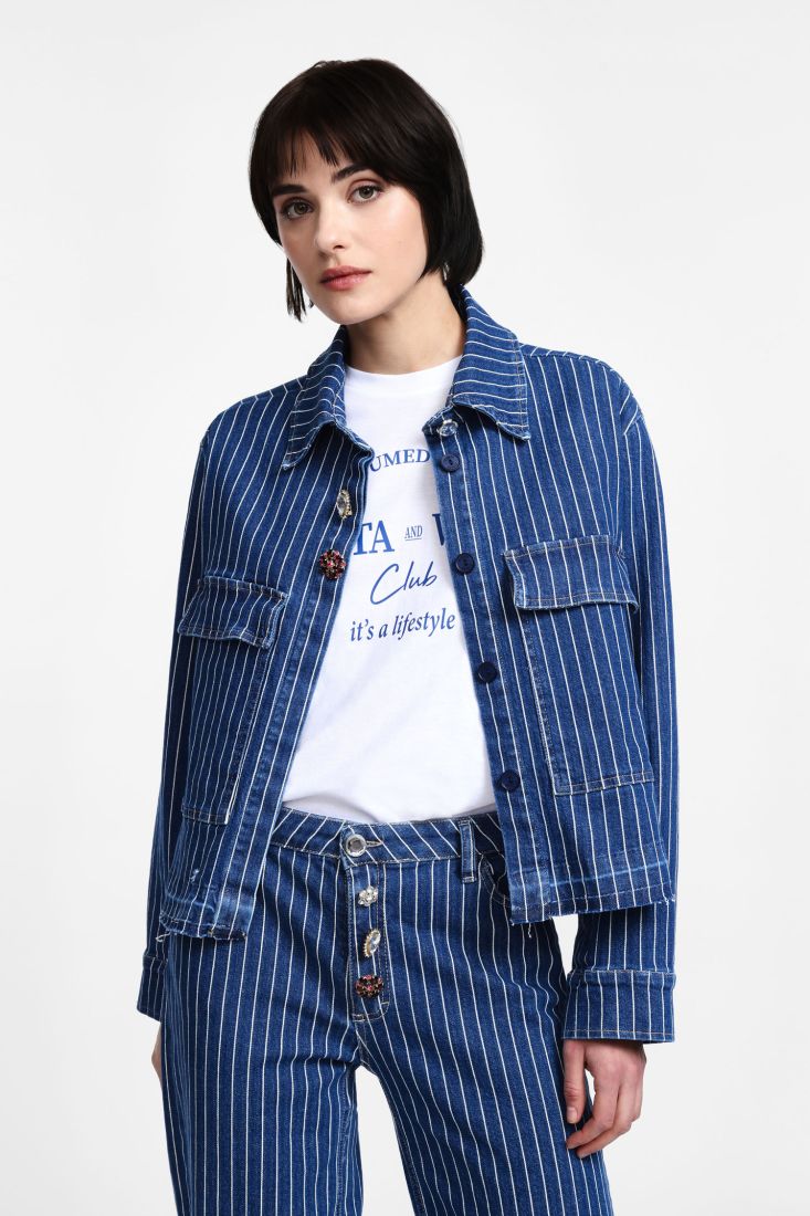Giubbotto denim a righe con bottoni - Blu Denim