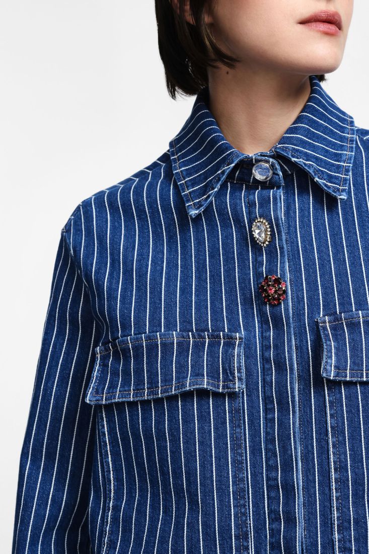 Giubbotto denim a righe con bottoni - Blu Denim