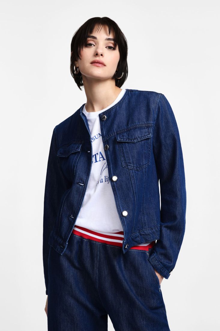 Giubbotto denim girocollo con abbottonatura anteriore - Blu Denim