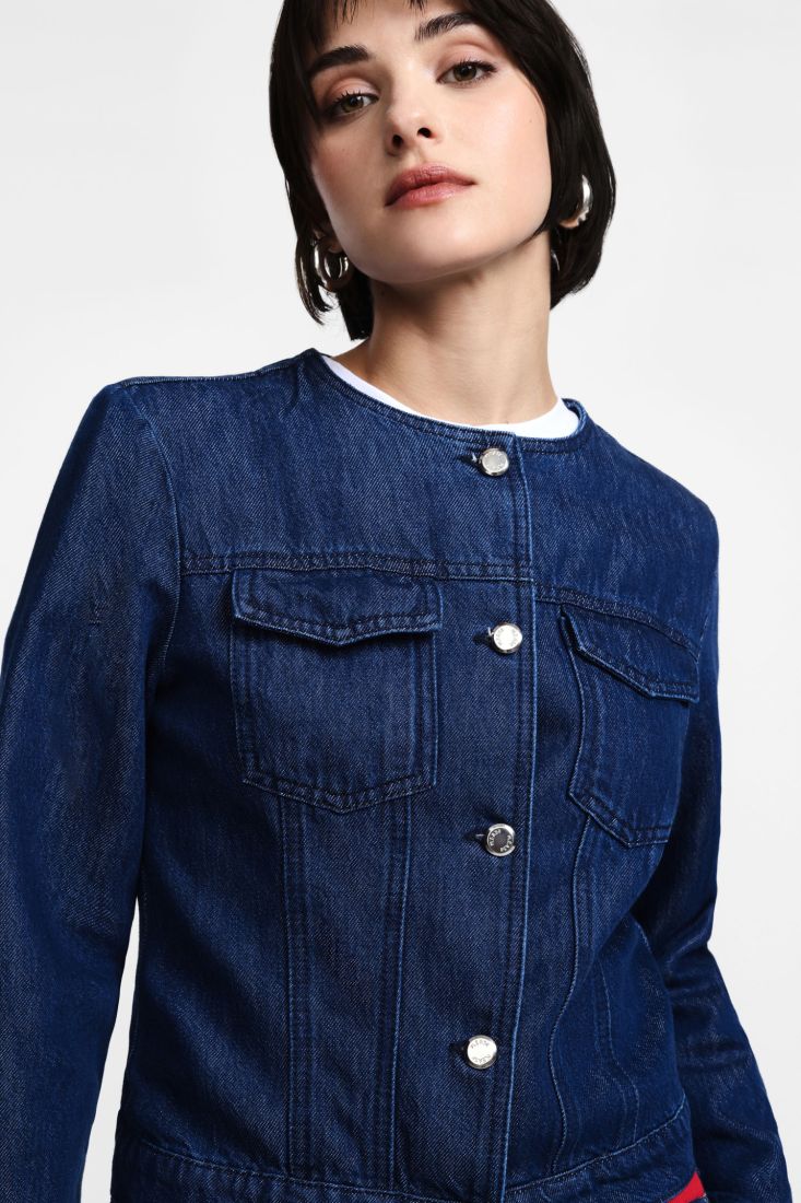 Giubbotto denim girocollo con abbottonatura anteriore - Blu Denim
