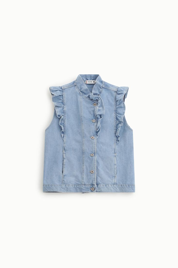 Gilet Please denim con volant e abbottonatura frontale - Blu Denim