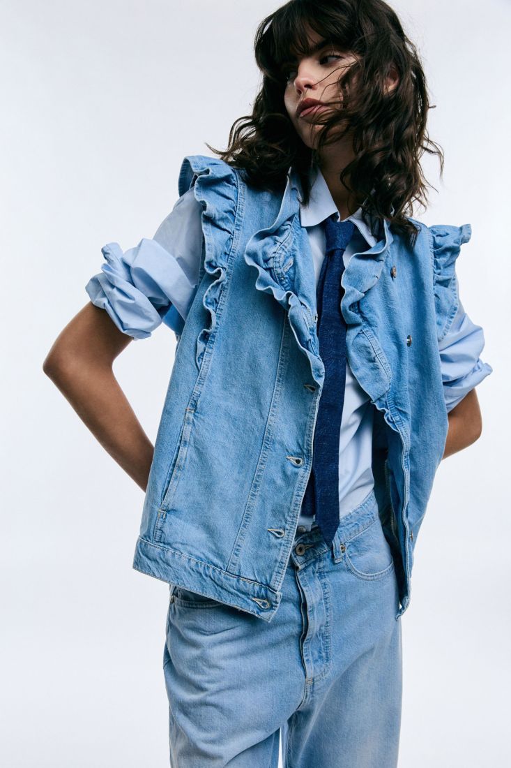 Gilet Please denim con volant e abbottonatura frontale - Blu Denim
