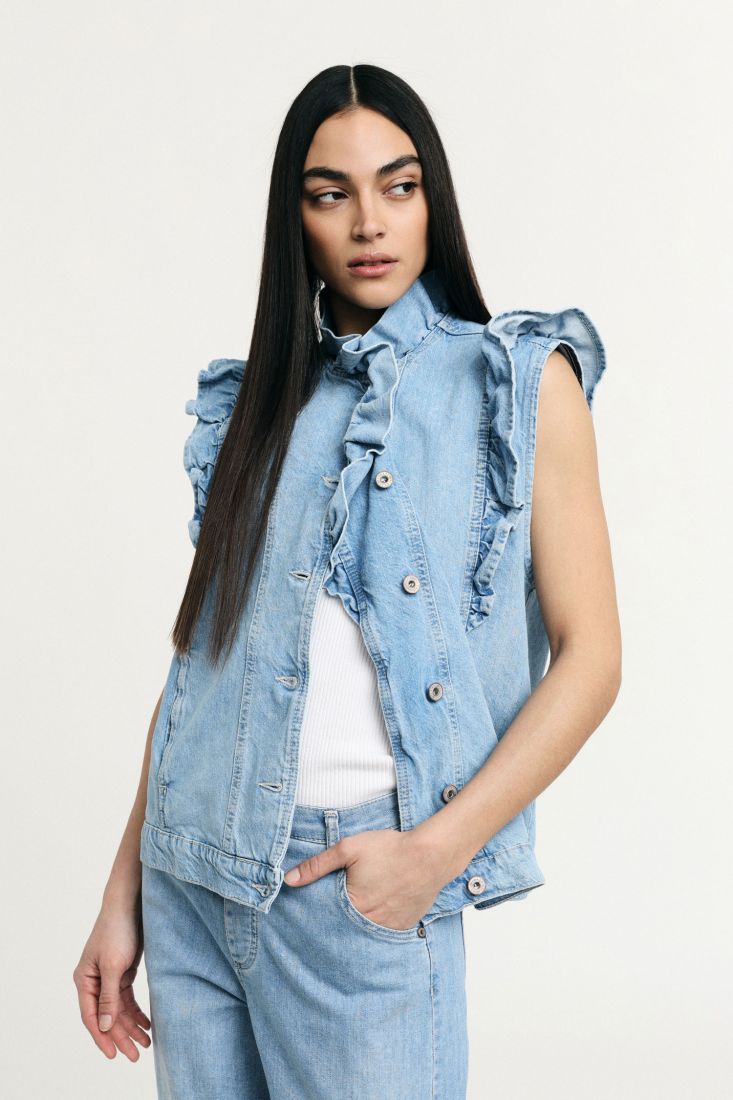 Gilet Please denim con volant e abbottonatura frontale - Blu Denim