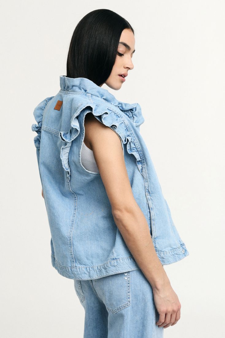 Gilet Please denim con volant e abbottonatura frontale - Blu Denim
