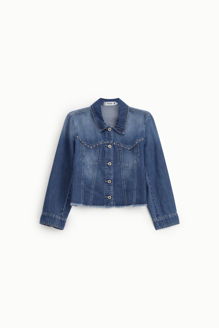 Giacca Please in denim corta con micro perle