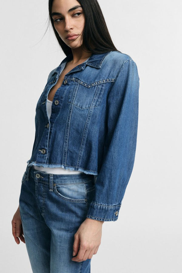 Giacca Please in denim corta con micro perle