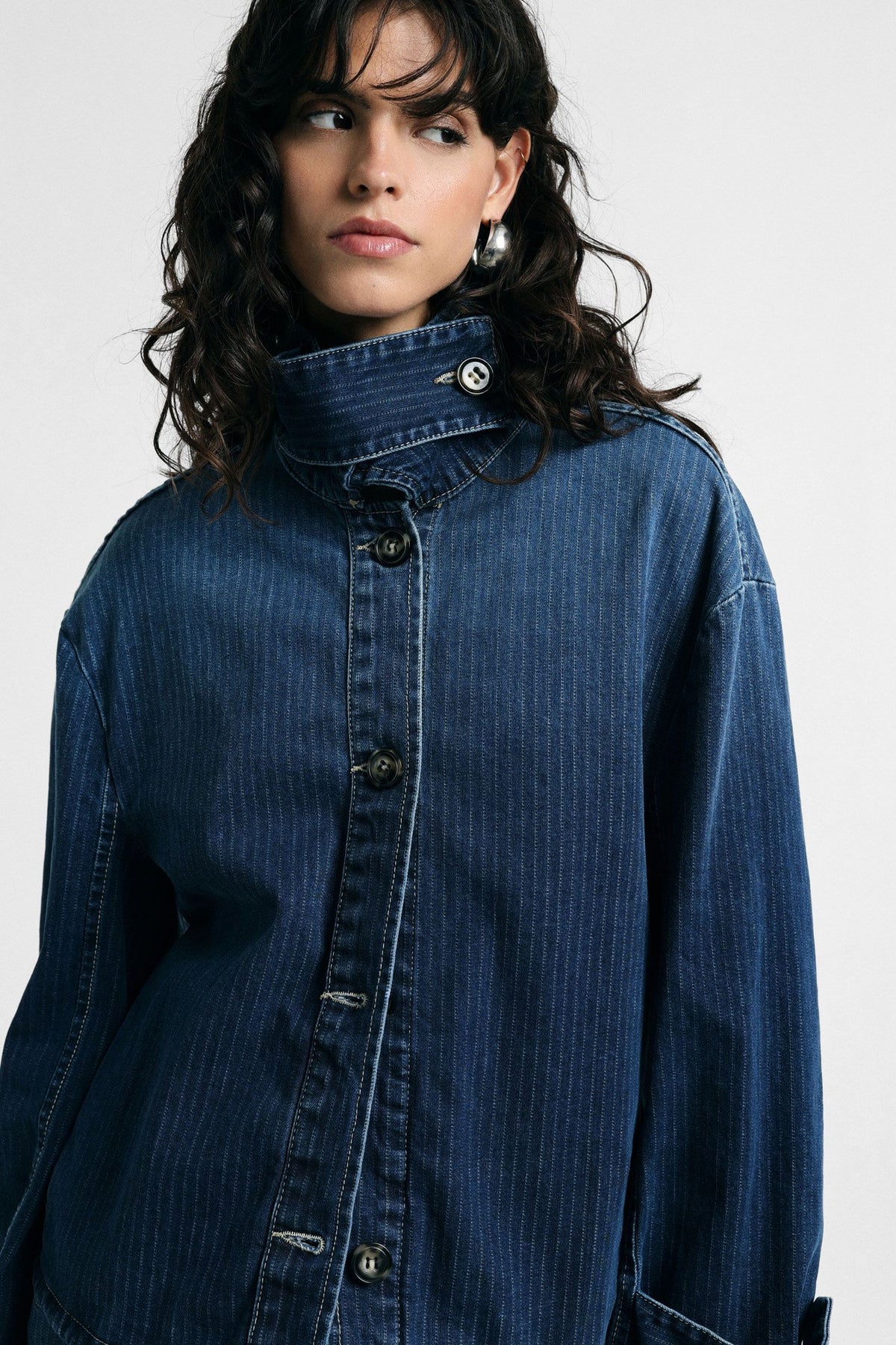 Giacca denim corta con collo alto a righe Please - Blu Denim