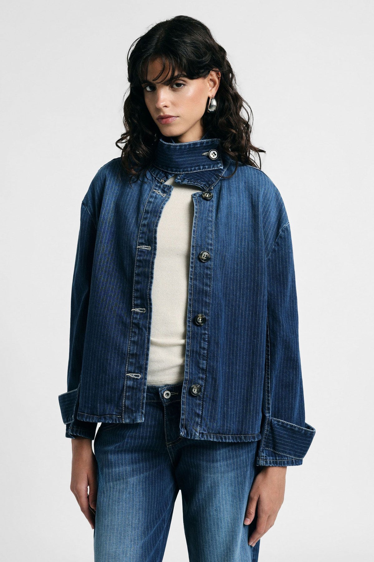 Giacca denim corta con collo alto a righe Please - Blu Denim