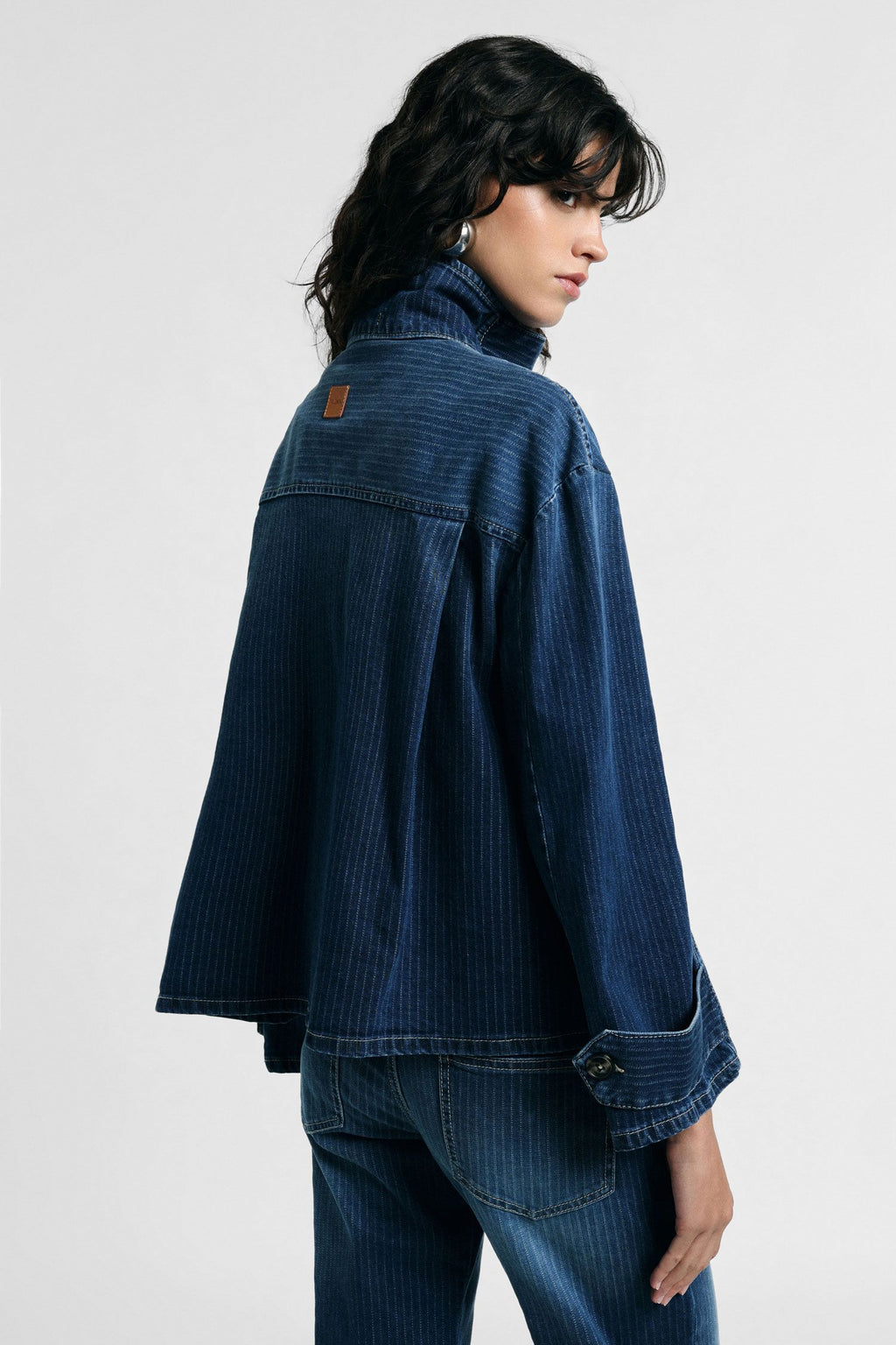 Giacca denim corta con collo alto a righe Please - Blu Denim