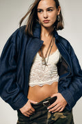 Denim jacket corta con zip e maniche ampie Please - Blu Denim