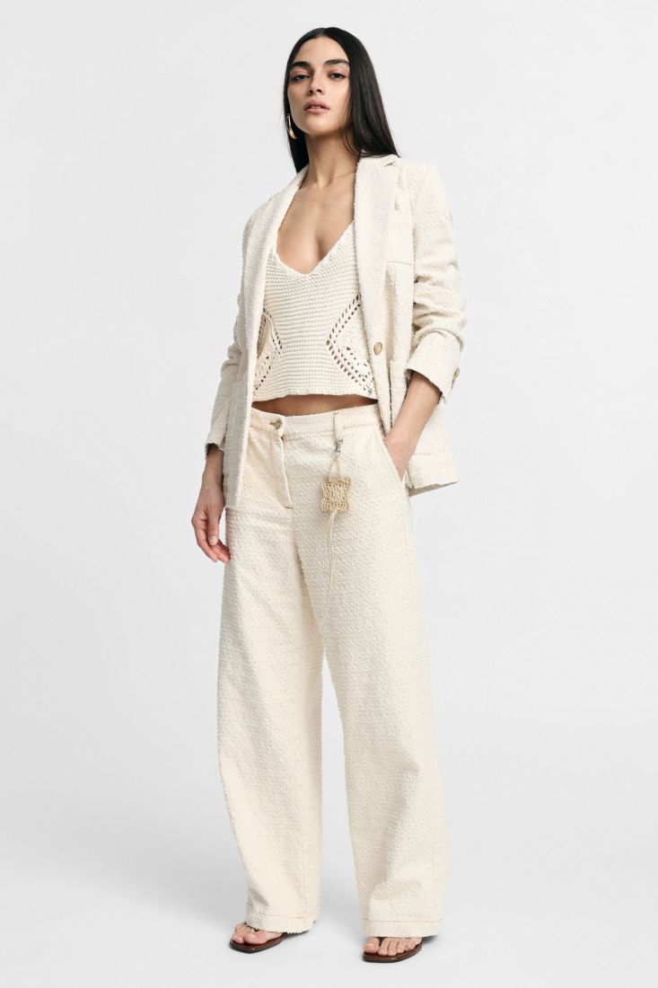 Pantaloni palazzo fit regolare con ricamo pendente - Ecru