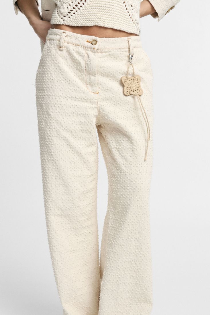 Pantaloni palazzo fit regolare con ricamo pendente - Ecru