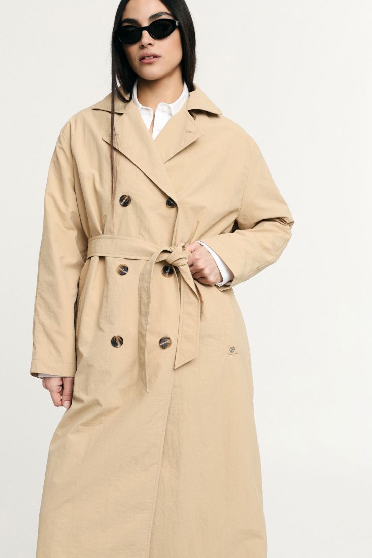 Trench coat lungo con cintura e bottoni - Biscotto