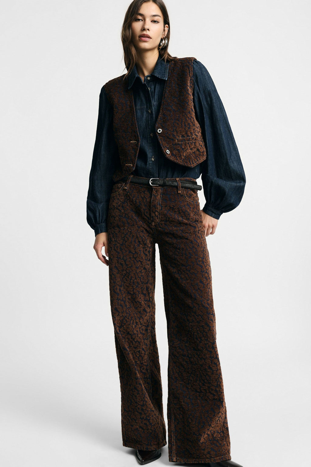 Pantaloni palazzo cinque tasche in flocked animalier Please - Tabacco