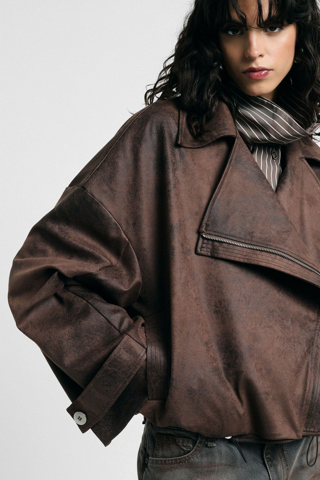 Giacca in stile biker con zip e coulisse - Moro