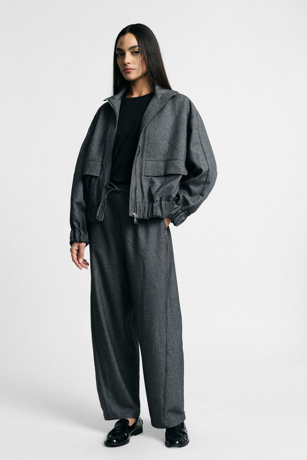 Pantaloni palazzo vita alta con coulisse - Nero