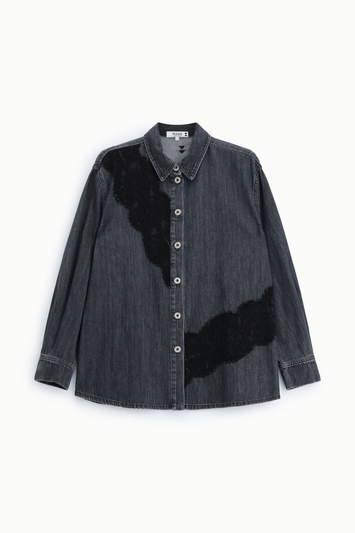 Camicia denim con inserti in pizzo e bottoni Please - Nero Denim