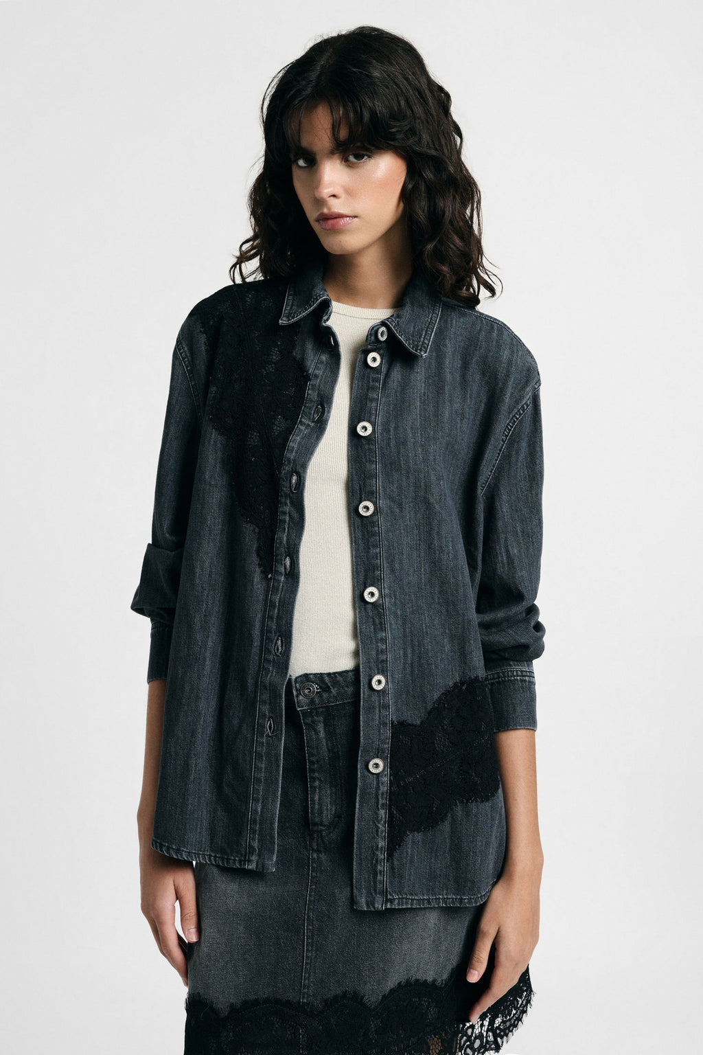 Camicia denim con inserti in pizzo e bottoni Please - Nero Denim